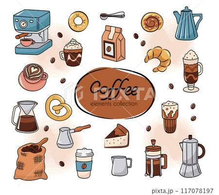 Coffee collection, different coffee elements. Cute cartoon icons in doodle style. Vector illustration for bakery or coffee house. 117078197