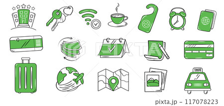 Hotel or hostel green color doodle icon set. Tourism, travel hand drawn illustrations on white background. 117078223