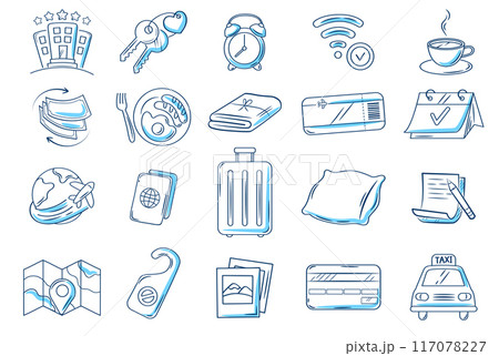 Hotel or hostel doodle blue color icon set. Tourism, travel hand drawn illustrations on white background. 117078227