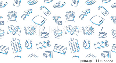Hotel or hostel blue color pen doodle icon seamless pattern. Tourism, travel hand drawn illustrations on white background. 117078228