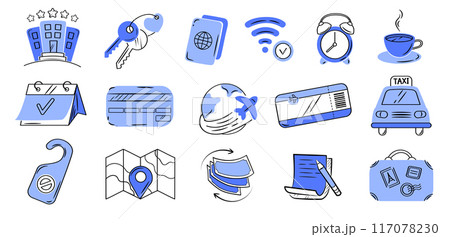 Hotel or hostel blue color doodle icon set. Tourism, travel hand drawn illustrations on white background. 117078230