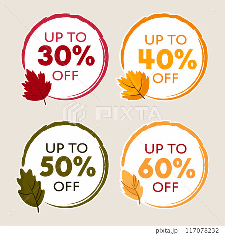 Set of bright colored autumn sale tags. Round discount labels with autumn leaves on white background. Vector banners for text. 117078232