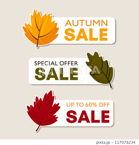 Set of bright colored autumn sale tags. Discount labels with autumn leaves on a white background. Vector banners for text. 117078234