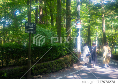夏の旧軽井沢 銀座通りに向かう女性 夏の旧軽井沢 銀座通りに向かう女性 117078278