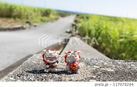 シーサーとサトウキビ畑 117078284