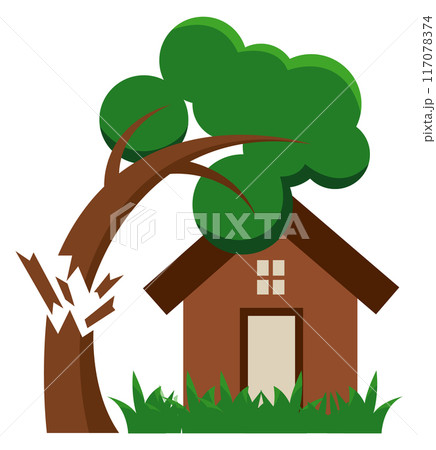 Storm wind. Broken tree fall on house 117078374