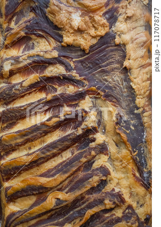 Smoked homemade sausages at the outdoors farmers market 117078717
