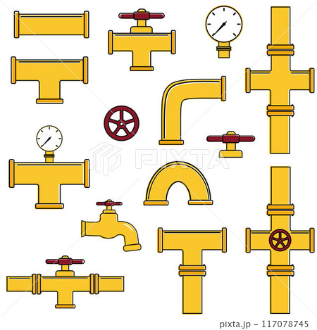 A set of industrial pipelines. Oil, water or gas pipeline with fittings and valves. Isolated vector illustration 117078745