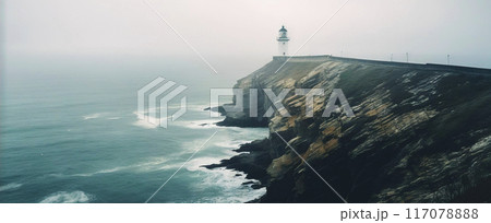Lighthouse on a cliff edge in stormy and misty weather. Generative AI 117078888