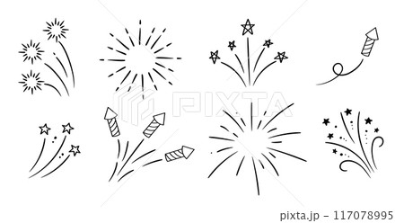 Hand drawn fireworks and stars collection. Doodle sketch. Linear vector explosions set. Hand drawn fireworks and stars collection. Doodle sketch. Linear vector explosions set. 117078995