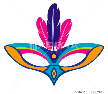 Colorful theatrical mask. Feathered accessory. Opera symbol 117079082