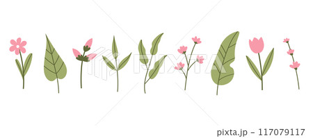 Spring or summer cute flowers set in flat style. Collection of elements for design on white background. Spring or summer cute flowers set in flat style. Collection of elements for design on white background. 117079117