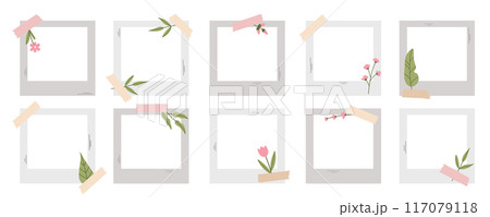 Polaroid photo frames. Summer photo frames set with herbs, leaves and flowers. Vector collection in flat style. Polaroid photo frames. Summer photo frames set with herbs, leaves and flowers. Vector collection in flat style. 117079118