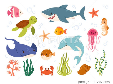 Sea life. Cartoon ocean underwater animals. Cute water fish, sea horse, crab, shark, dolphin, turtle, happy jellyfish. Marine wildlife creatures. Kids vector illustration 117079469