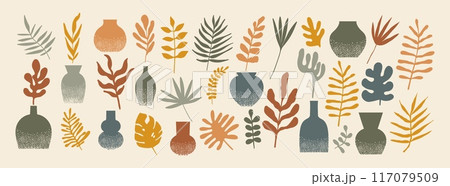 Abstract plants and vase shapes. Organic floral home interior elements. Aesthetic minimal foliage, palm tree leaves and elegant vase for design template. Vector boho textured botanical set. Abstract plants and vase shapes. Organic floral home interior elements. Aesthetic minimal foliage, palm tree leaves and elegant vase for design template. Vector boho textured botanical set. 117079509