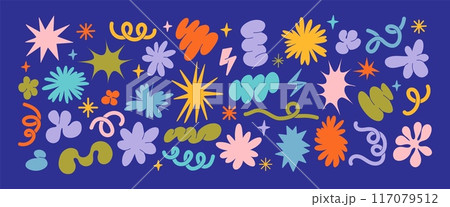 Abstract shapes. 90s cloud, flowers and elements sticker. Retro groovy y2k various doodles, curly, spiral, wavy forms. Trendy funky star, lines, brutalist bubble minimal shape. Vector 80s simple set Abstract shapes. 90s cloud, flowers and elements sticker. Retro groovy y2k various doodles, curly, spiral, wavy forms. Trendy funky star, lines, brutalist bubble minimal shape. Vector 80s simple set 117079512