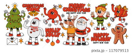 Christmas characters. Cartoon groovy 70s holiday mascots. Merry Christmas and Happy New Year. Comic Santa Claus, deer and snowman, elf and Christmas tree, gingerbread. Vector 60s winter holiday set Christmas characters. Cartoon groovy 70s holiday mascots. Merry Christmas and Happy New Year. Comic Santa Claus, deer and snowman, elf and Christmas tree, gingerbread. Vector 60s winter holiday set 117079513