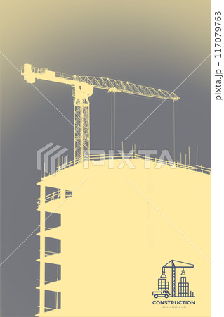 Construction of a building with a crane in the background, silhouette photo. High light key. Logo on background Construction of a building with a crane in the background, silhouette photo. High light key. Logo on background 117079763