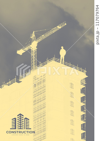 Construction of a building with a crane in the background, silhouette photo. High light key. Logo on background 117079764