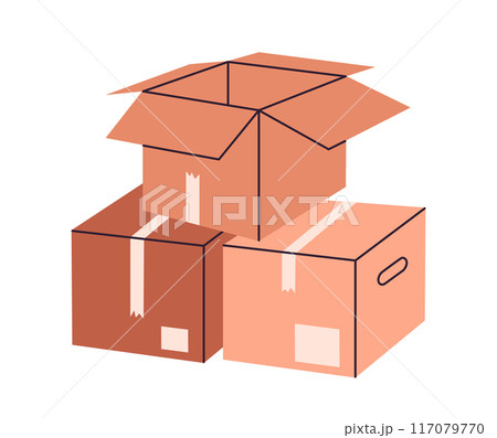 Cartoon boxes. Cardboard delivery boxes, open and closed shipping packages, parcel delivery boxes flat vector illustration. Carton boxes pile Cartoon boxes. Cardboard delivery boxes, open and closed shipping packages, parcel delivery boxes flat vector illustration. Carton boxes pile 117079770