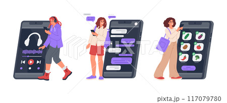 Girls with big smartphones. Woman using smartphone, female characters listening to music, buying groceries and chatting flat vector illustration set. Shopping, music player and messenger scenes 117079780