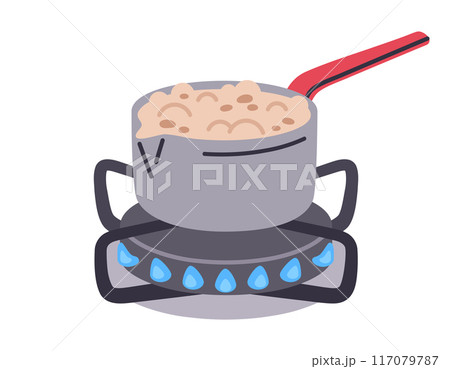 Saucepan on gas stove. Delicious boiling porridge in pot, hot tasty dish on gas cooker, food preparing flat vector illustration. Breakfast or lunch or dinner cook on stove 117079787