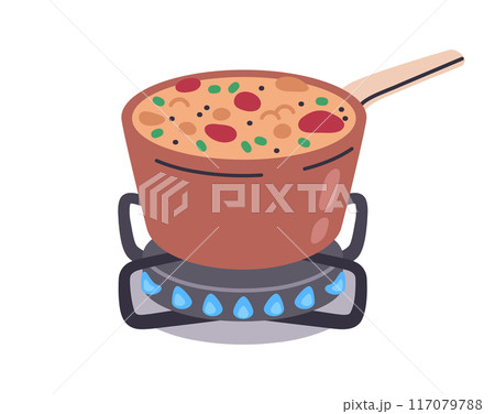 Soup on stove. Boiling delicious broth in pot, hot tasty dish on gas cooker, food preparing flat vector illustration. Lunch or dinner cook on gas stove Soup on stove. Boiling delicious broth in pot, hot tasty dish on gas cooker, food preparing flat vector illustration. Lunch or dinner cook on gas stove 117079788