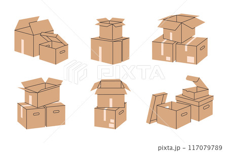 Stacked cardboard boxes. Carton box piles, cargo warehouse boxes stack flat vector illustration set. Hand drawn delivery or moving containers Stacked cardboard boxes. Carton box piles, cargo warehouse boxes stack flat vector illustration set. Hand drawn delivery or moving containers 117079789