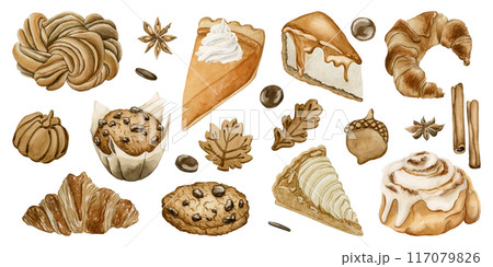 Autumn Pastry and Desserts Clipart. Set of fall sweets and hot beverages. Watercolor food illustration hand painted isolated on white background for Thanksgiving and fall design, cafe menu, cook book 117079826