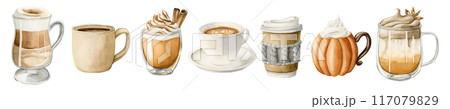 Coffee Latte Mocchiato and Pumpkin Spice Dalgona Coffee. Set of autumn hot beverages. Watercolor food illustration hand painted isolated on white background for cafe menu, cooking book, fall design Coffee Latte Mocchiato and Pumpkin Spice Dalgona Coffee. Set of autumn hot beverages. Watercolor food illustration hand painted isolated on white background for cafe menu, cooking book, fall design 117079829