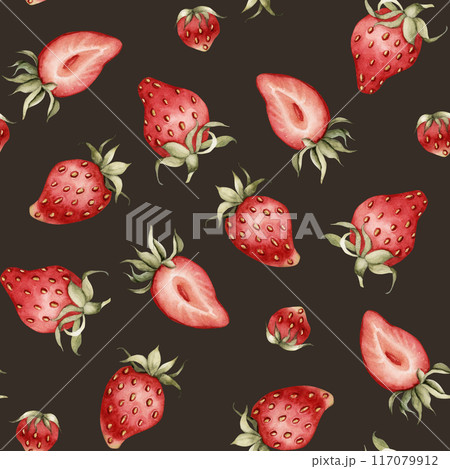 Strawberry, ripe berries. Watercolor illustration, floral seamless pattern on dark background with summer fruit for table textile, delicious prints, summer fabrics, wrapping paper and food package 117079912