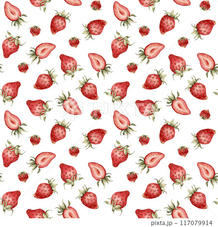Strawberry, ripe berries. Watercolor illustration, floral seamless pattern on white background with summer fruit for table textile, delicious prints, summer fabrics, wrapping paper and food packages 117079914