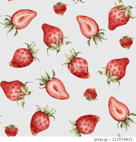 Strawberry, ripe berries. Watercolor illustration, floral seamless pattern on blue background with summer fruit for table textile, delicious prints, summer fabrics, wrapping paper and food packages Strawberry, ripe berries. Watercolor illustration, floral seamless pattern on blue background with summer fruit for table textile, delicious prints, summer fabrics, wrapping paper and food packages 117079915