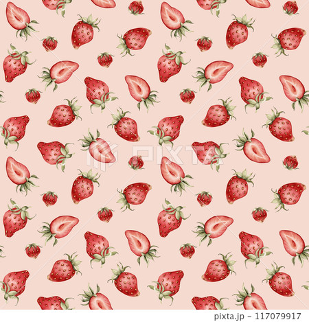 Strawberry, ripe berries. Watercolor illustration, floral seamless pattern on pink background with summer fruit for table textile, delicious prints, summer fabrics, wrapping paper and food packages Strawberry, ripe berries. Watercolor illustration, floral seamless pattern on pink background with summer fruit for table textile, delicious prints, summer fabrics, wrapping paper and food packages 117079917