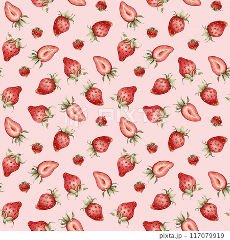 Strawberry, ripe berries. Watercolor illustration, floral seamless pattern on peach background with summer fruit for table textile, delicious prints, summer fabrics, wrapping paper and food packages Strawberry, ripe berries. Watercolor illustration, floral seamless pattern on peach background with summer fruit for table textile, delicious prints, summer fabrics, wrapping paper and food packages 117079919