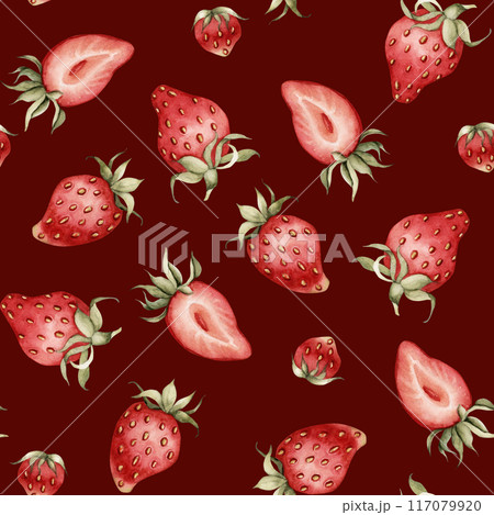 Strawberry, ripe berries. Watercolor illustration, floral seamless pattern on burgundy background with summer fruit for table textile, delicious prints, summer fabrics, wrapping paper and food package 117079920