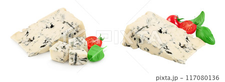 Blue cheese gorgonzola isolated on white background with full depth of field. 117080136