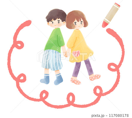 手をつなぐ子供と手描き風クレヨンフレーム 手をつなぐ子供と手描き風クレヨンフレーム 117080178