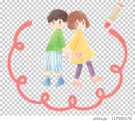 手をつなぐ子供と手描き風クレヨンフレーム 手をつなぐ子供と手描き風クレヨンフレーム 117080178