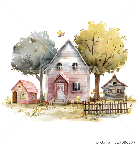 Watercolor illustration of a country house in autumn. Watercolor illustration of a country house in autumn. 117080277