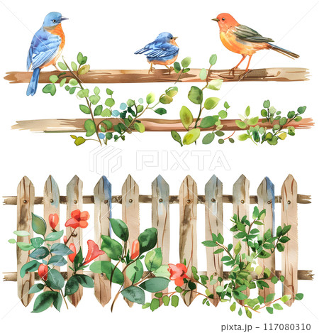 Watercolor hand drawn illustration of garden fence with birds and flowers. 117080310