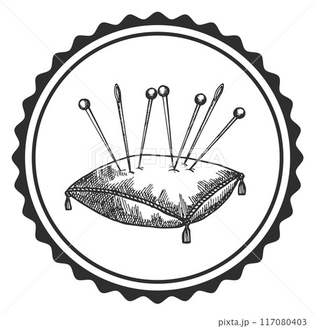 Seamstress round logo. Needle cushion with sewing pins 117080403