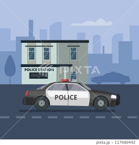 Police station with patrol car. City color illustration Police station with patrol car. City color illustration 117080492