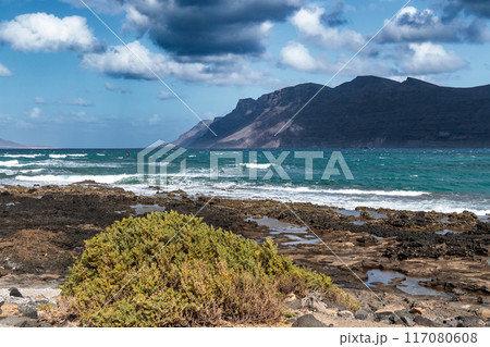 Landscape and beaches near Famara resort, Lanzarote, Canary Islands 117080608