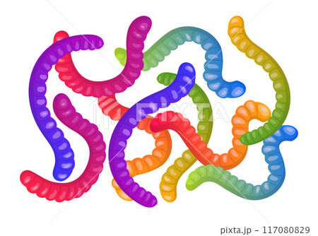 Gummy worms. Chewy marmalade shaped like worms, jelly candies, cute tasty sweets flat vector illustration set. Colorful sugary worms on white Gummy worms. Chewy marmalade shaped like worms, jelly candies, cute tasty sweets flat vector illustration set. Colorful sugary worms on white 117080829