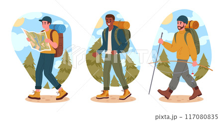 Men on hike. Hiking male tourists, trekking and backpacking characters outdoor adventure flat vector illustration set. Active guys hiking on wild nature trail Men on hike. Hiking male tourists, trekking and backpacking characters outdoor adventure flat vector illustration set. Active guys hiking on wild nature trail 117080835