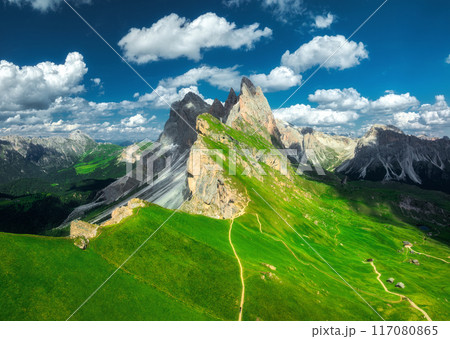 Aerial view of Seceda mountain in summer in Dolomites, Italy 117080865