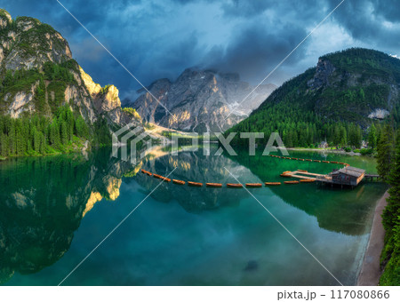 Aerial view of amazing alpine lake Braies in mountains at sunset 117080866