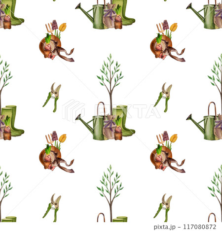Hat, boots, watering, onion, hyacinth, snail, rake, flower, bee, gardening, pattern, illustrations made in watercolor on a white background. Suitable for the design of tableware, textiles, postcards. 117080872