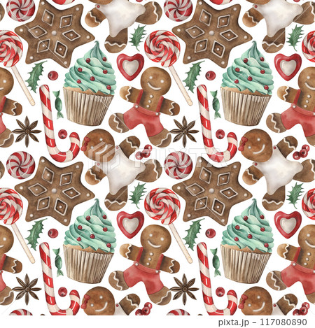 Lollipop, cupcake, gingerbread candy, meringue, Christmas, New Year. Seamless pattern. The illustration is hand-drawn in watercolor. Suitable for design, postcards, holidays, stickers, textiles, menu. 117080890